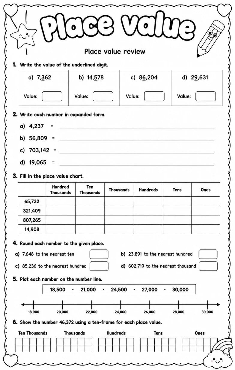 Place value review — free printable Grade 4 math worksheet