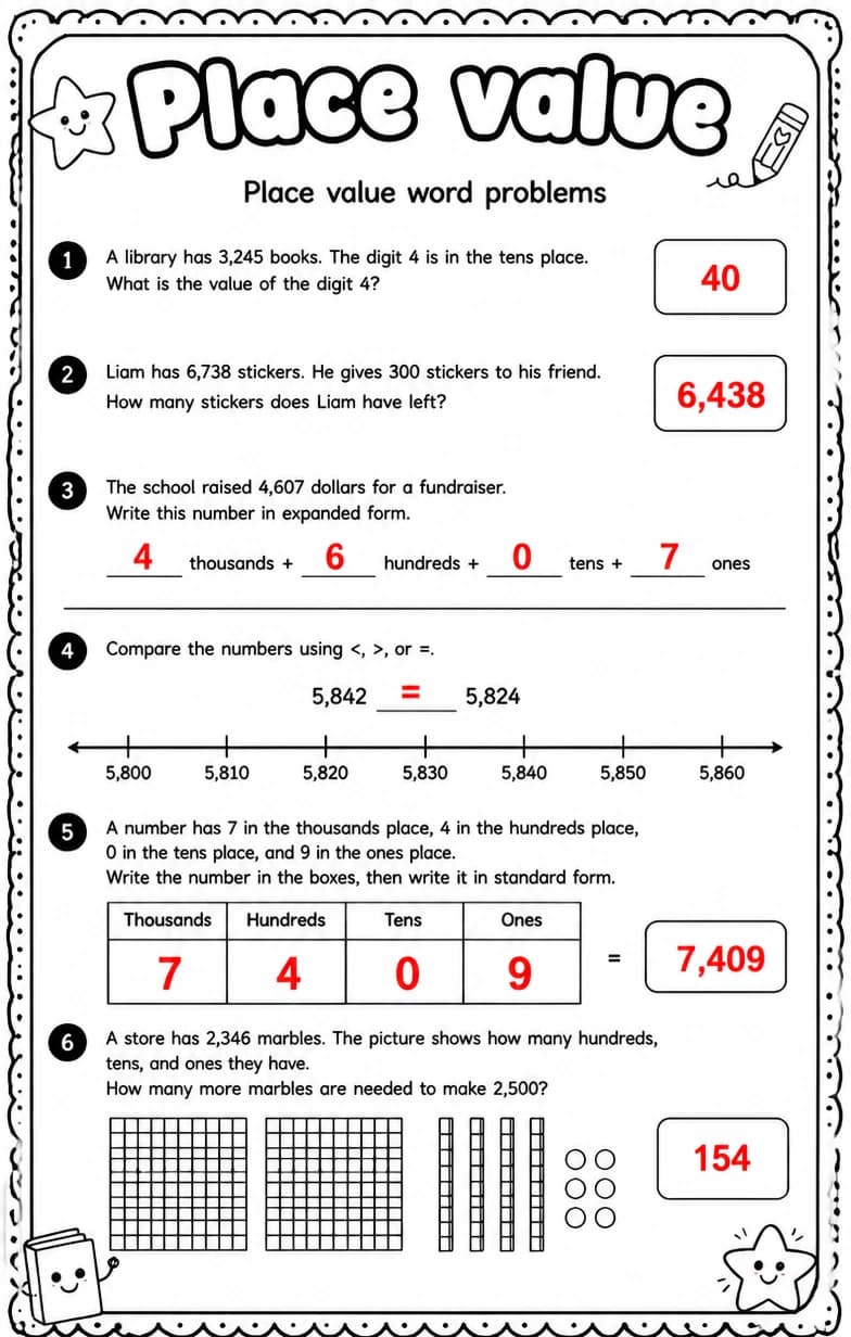 Answer key for Place value word problems — free printable Math worksheet