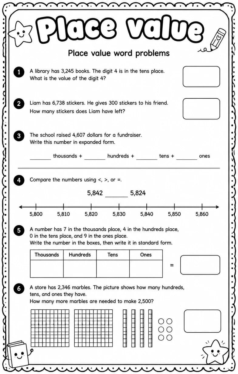 Place value word problems — free printable Grade 4 math worksheet