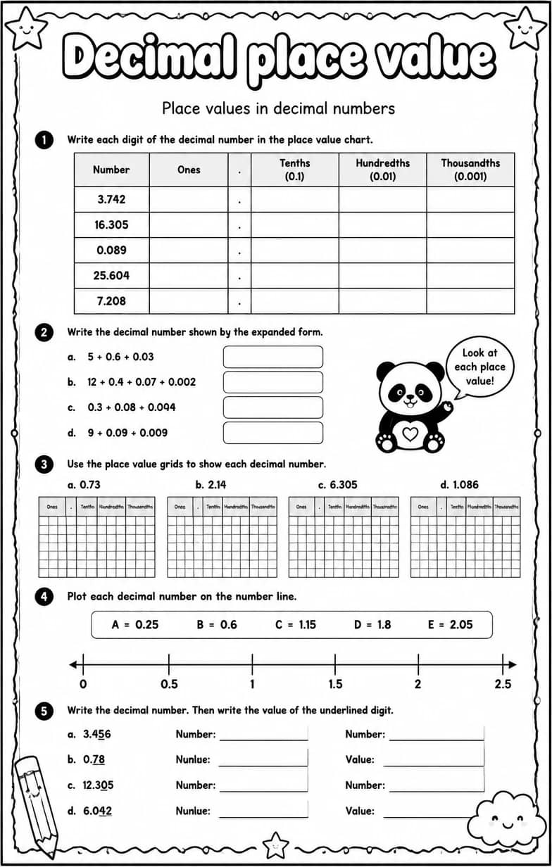 Place values in decimal numbers — free printable Grade 5 math worksheet