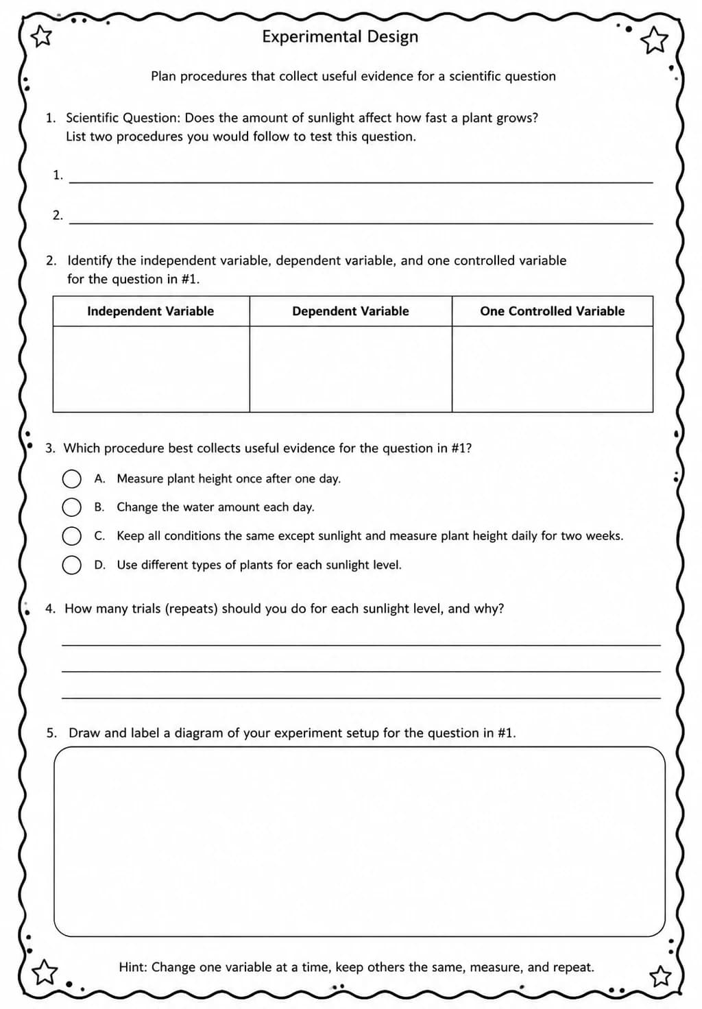 Plan procedures that collect useful evidence for a scientific question — free printable High School Science worksheet