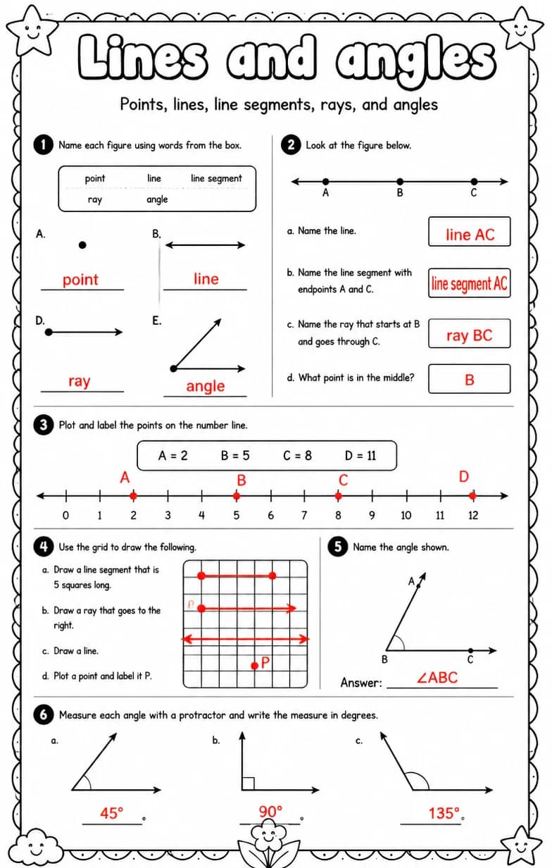 Answer key for Points, lines, line segments, rays, and angles — free printable Math worksheet