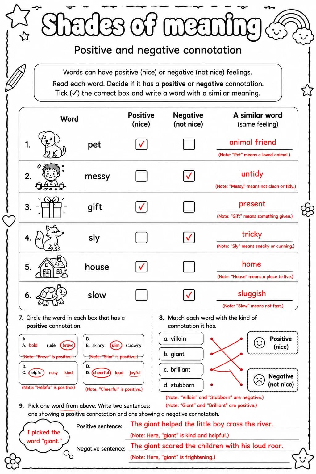 Answer key for Positive and negative connotation — free printable English & Reading worksheet