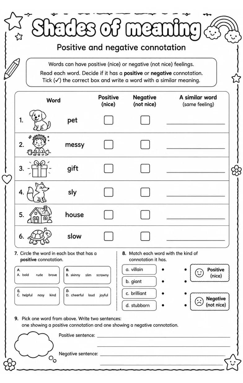 Positive and negative connotation — free printable Vocabulary English worksheet