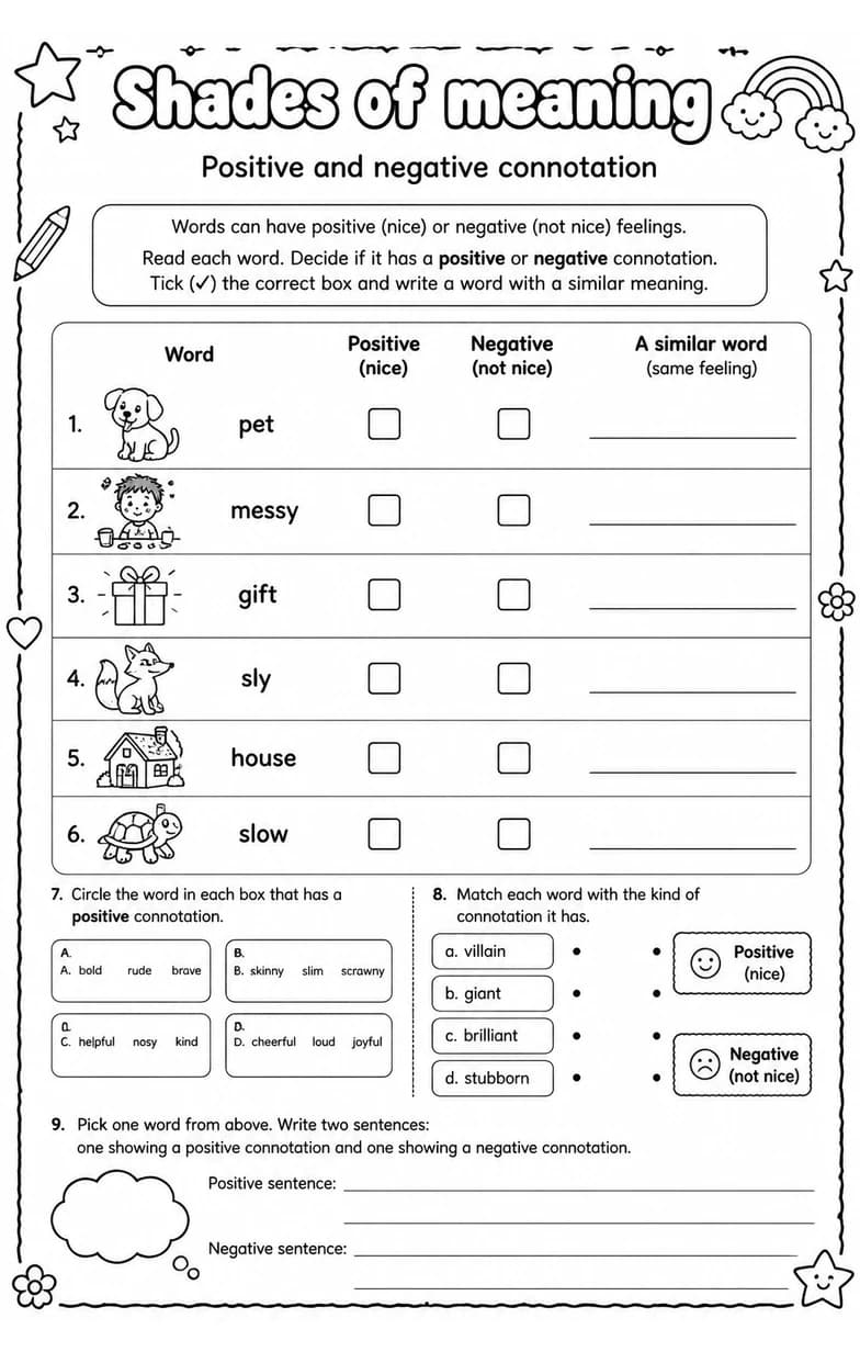 Positive and negative connotation — free printable Grade 3 English & Reading worksheet