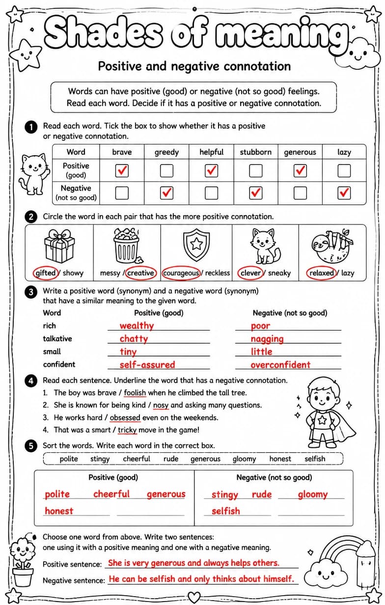 Answer key for Positive and negative connotation — free printable English & Reading worksheet
