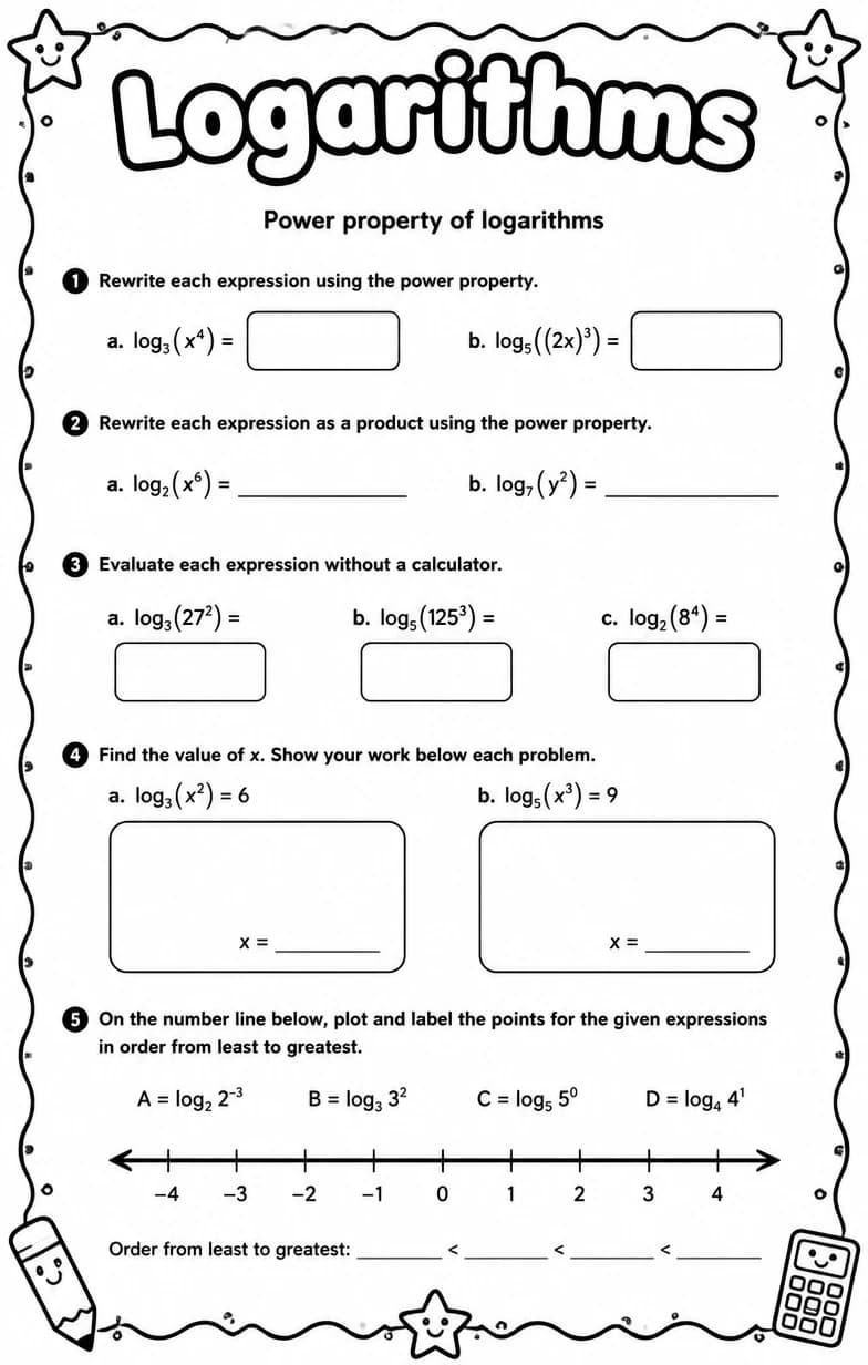 Power property of logarithms — free printable Algebra 2 math worksheet