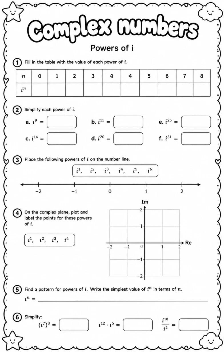 Powers of i — free printable Algebra 2 math worksheet