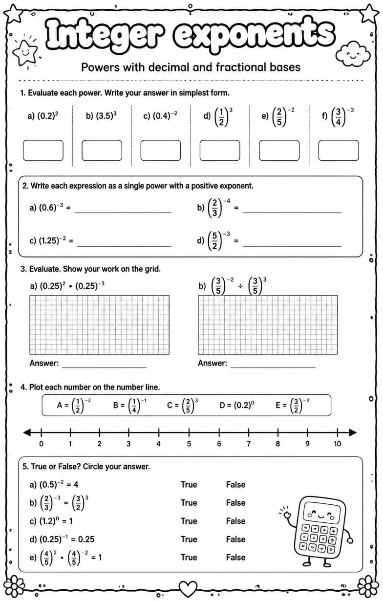 Powers with decimal and fractional bases — free printable High School Math worksheet