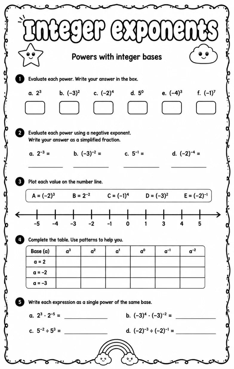 Powers with integer bases — free printable High School Math worksheet