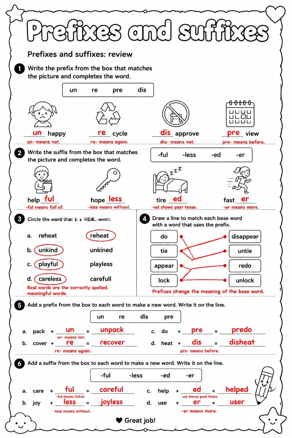 Answer key for Prefixes and suffixes: review — free printable English & Reading worksheet