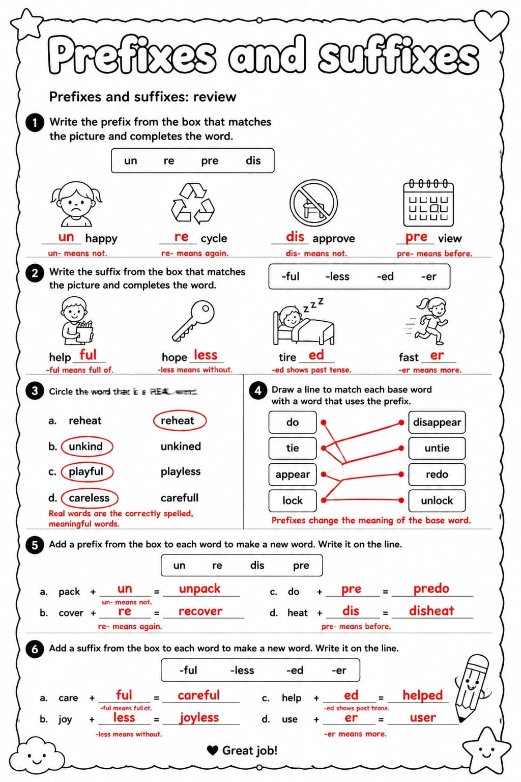 Answer key for Prefixes and suffixes: review — free printable English & Reading worksheet