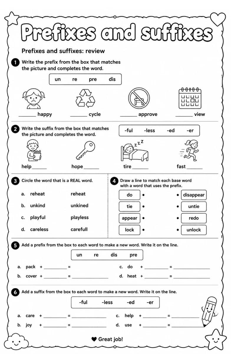 Prefixes and suffixes: review — free printable Vocabulary English worksheet
