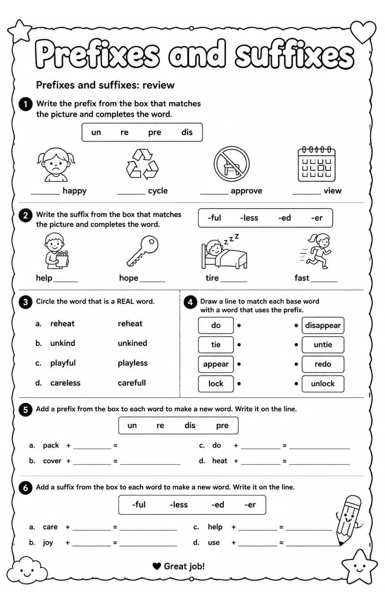 Prefixes and suffixes: review — free printable Vocabulary English worksheet