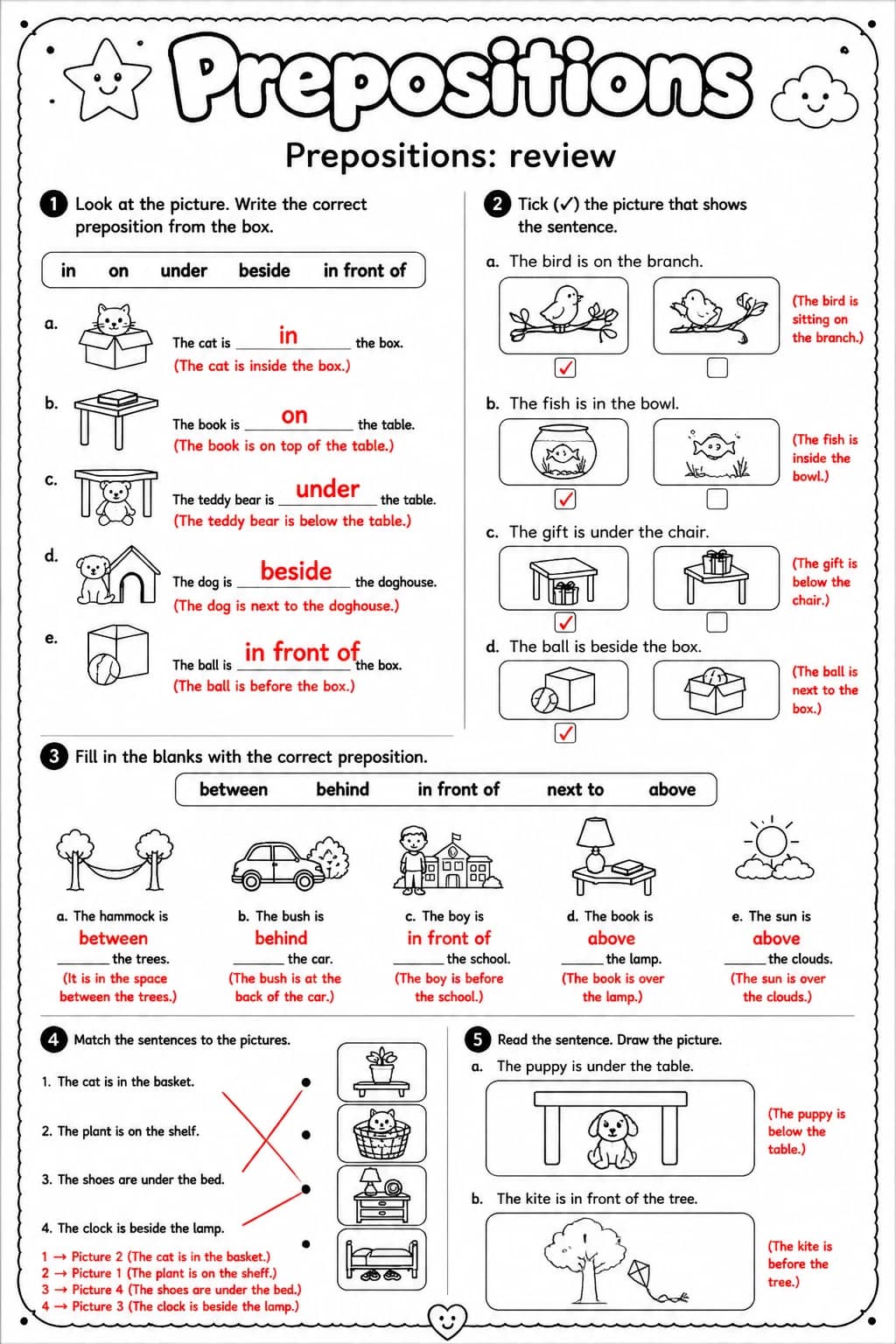 Answer key for Prepositions: review — free printable English & Reading worksheet