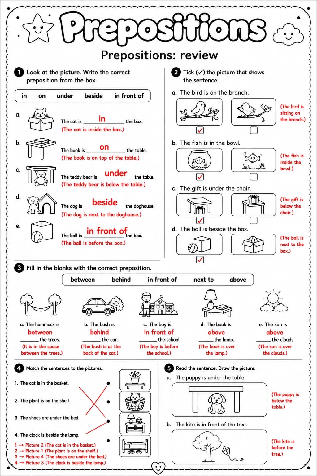 Answer key for Prepositions: review — free printable English & Reading worksheet
