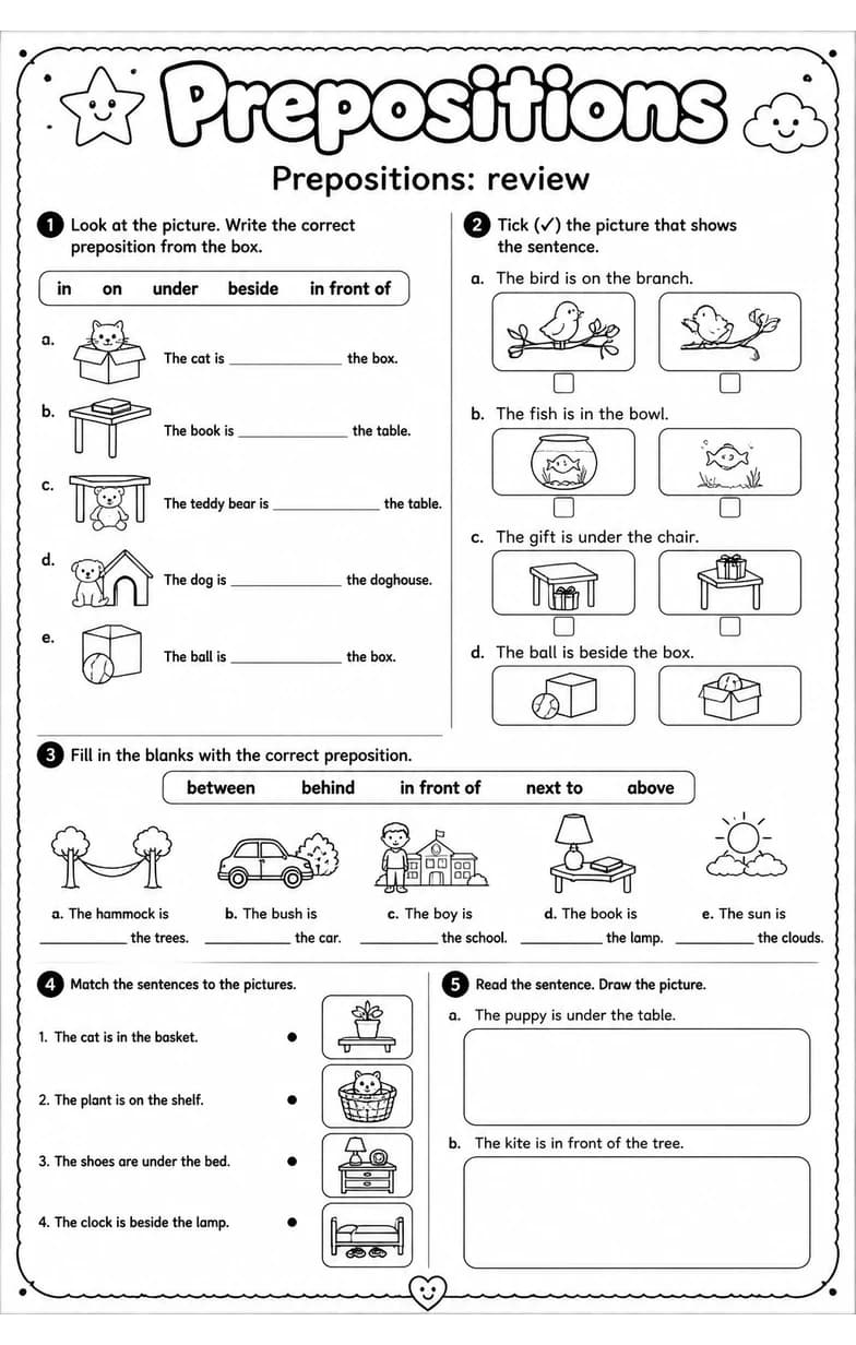 Prepositions: review — free printable Grade 3 English & Reading worksheet