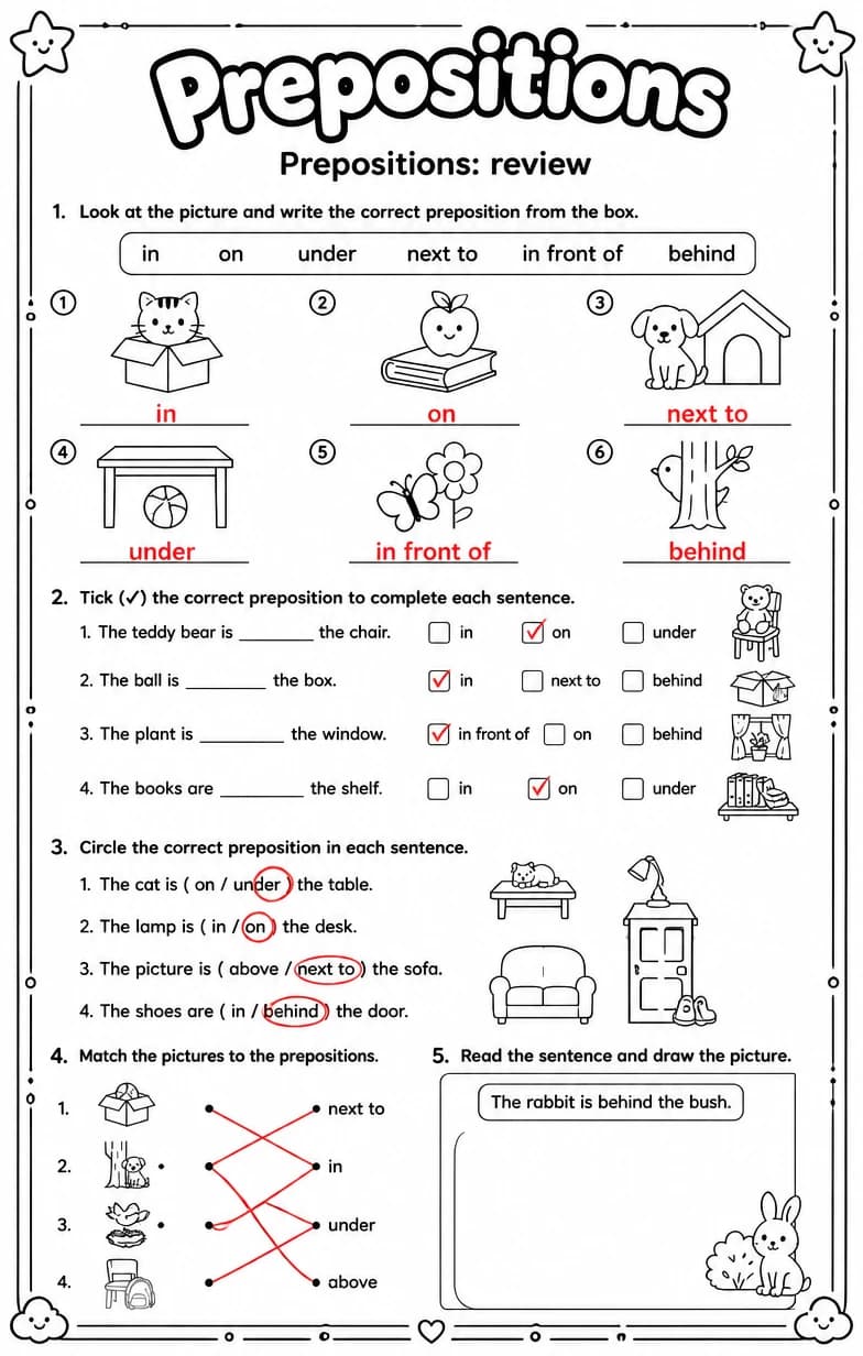 Answer key for Prepositions: review — free printable English & Reading worksheet
