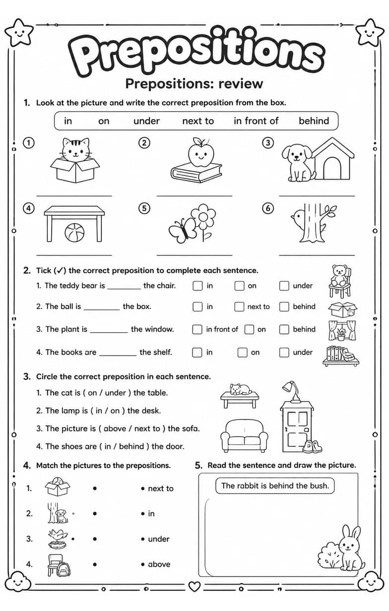 Prepositions: review — free printable Grammar and mechanics English worksheet