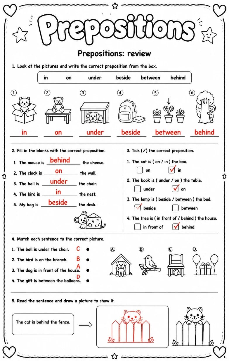Answer key for Prepositions: review — free printable English & Reading worksheet