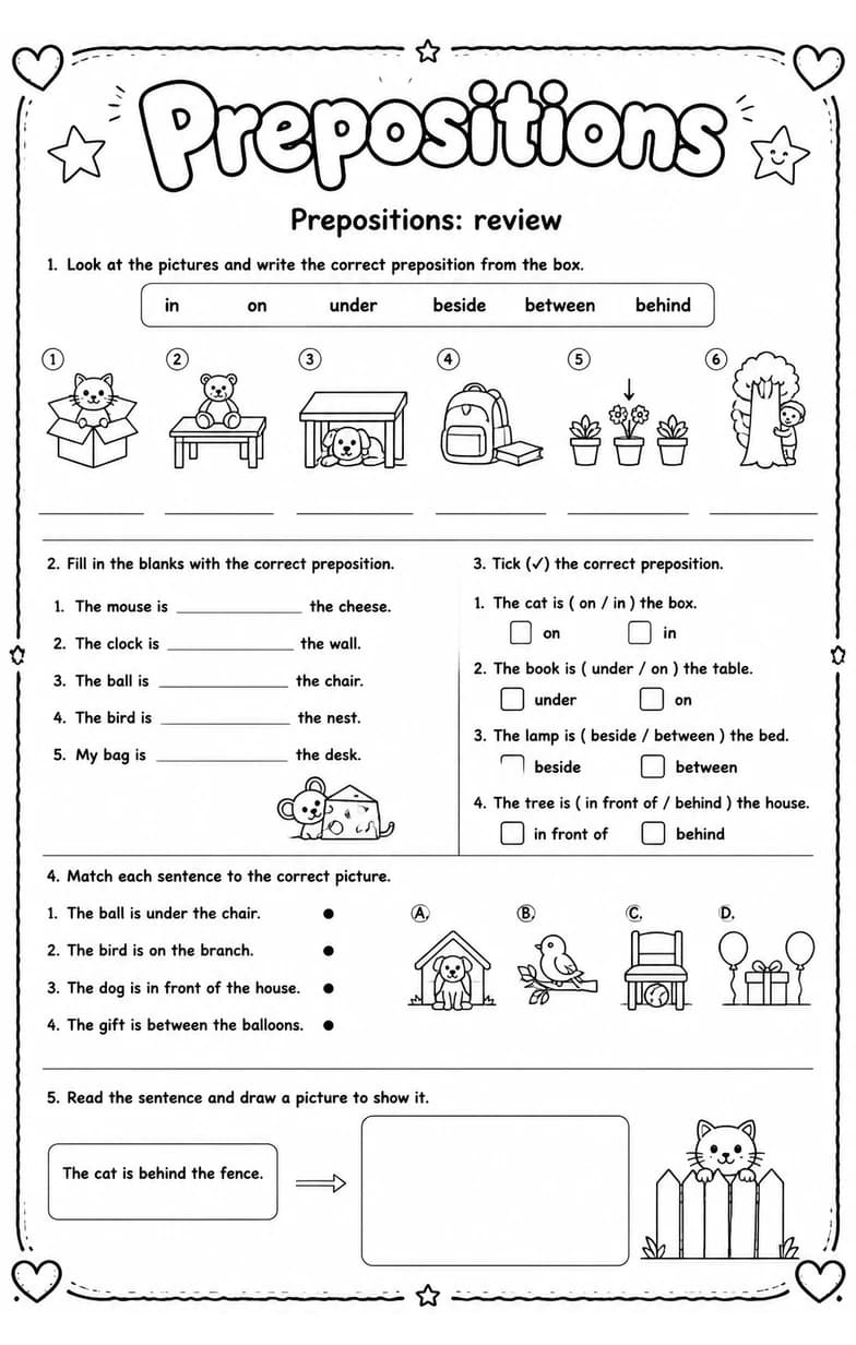 Prepositions: review — free printable Grammar and mechanics English worksheet