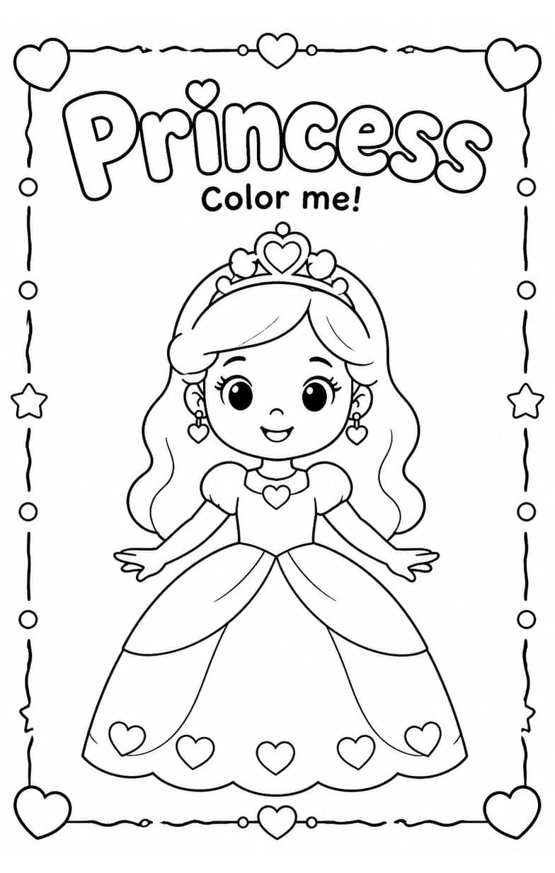 Princess Coloring Pages — free printable Kindergarten Art worksheet
