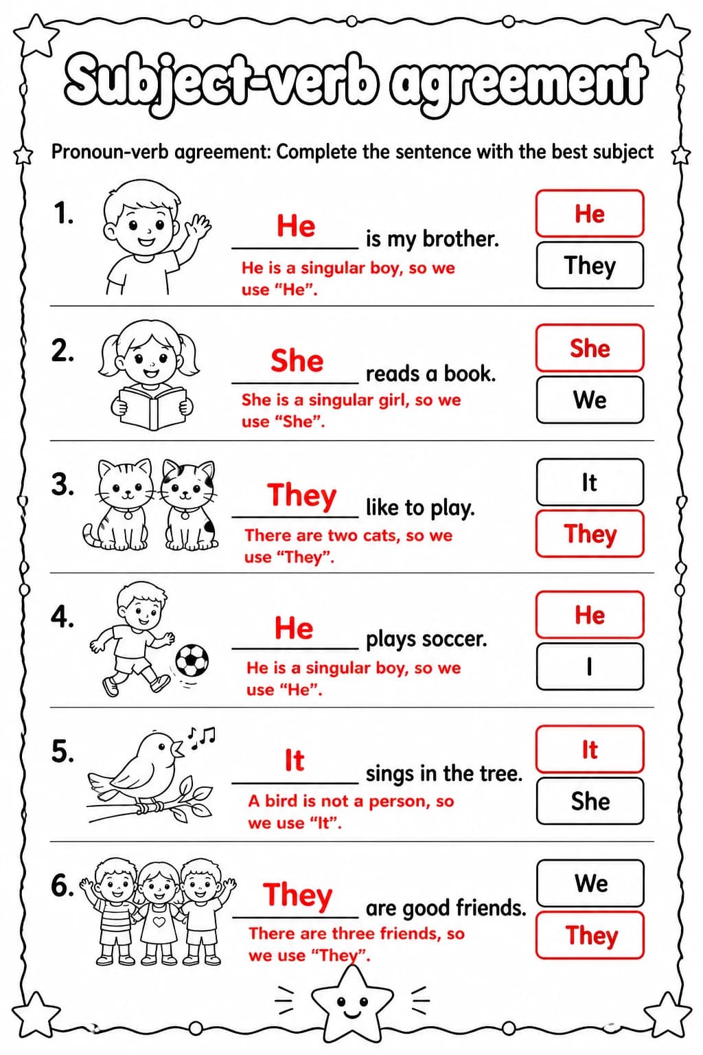 Answer key for Pronoun-verb agreement: Complete the sentence with the best subject — free printable English & Reading worksheet