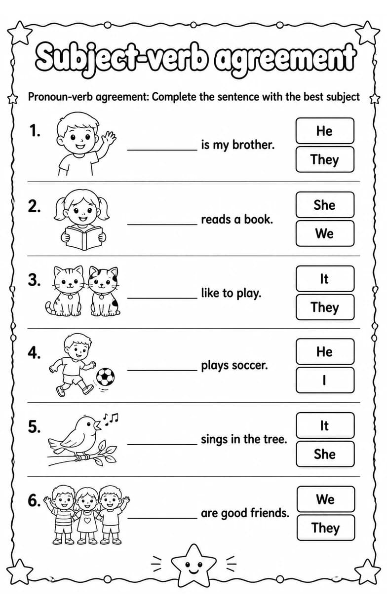 Pronoun-verb agreement: Complete the sentence with the best subject — free printable Grammar and mechanics English worksheet