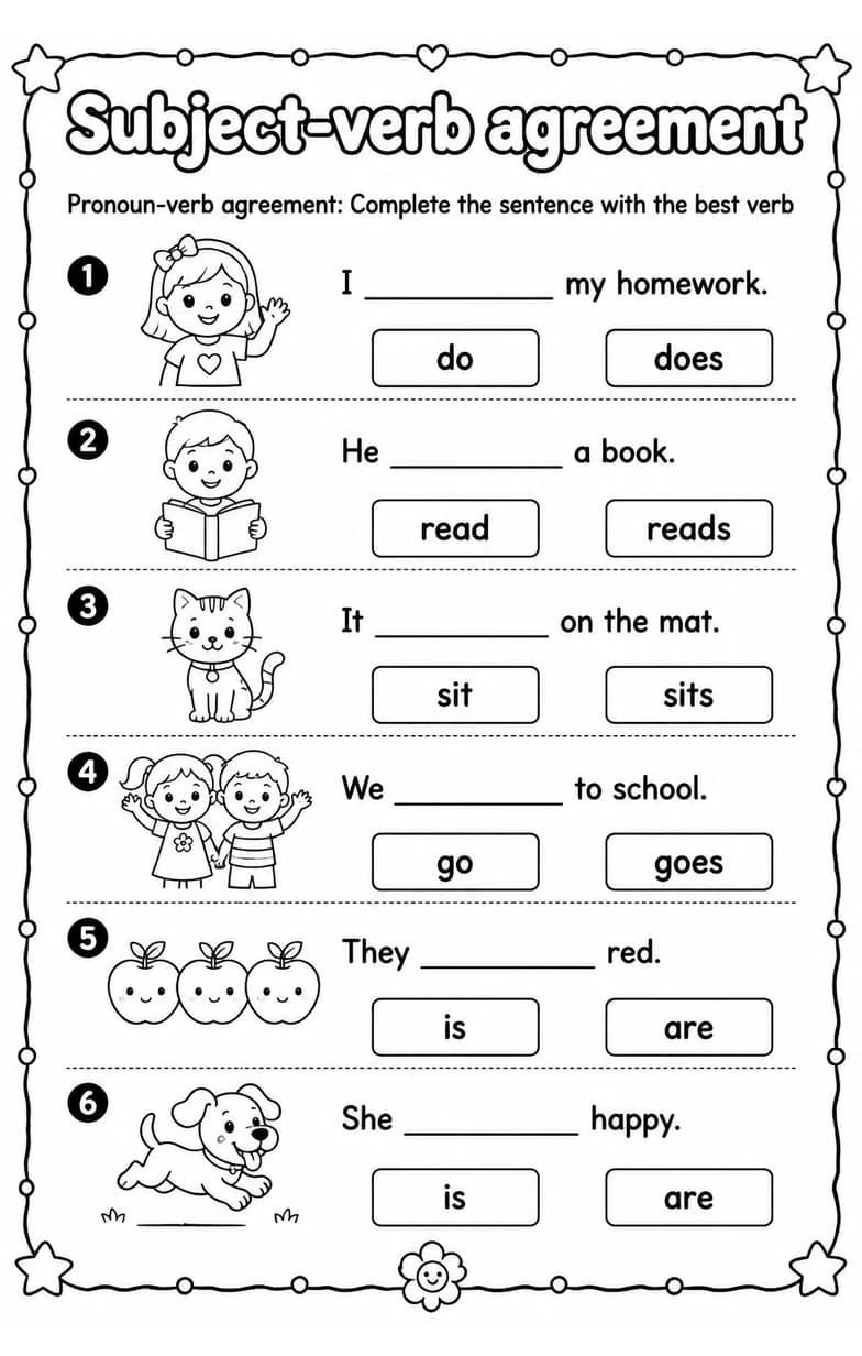 Pronoun-verb agreement: Complete the sentence with the best verb — free printable Grade 1 English & Reading worksheet