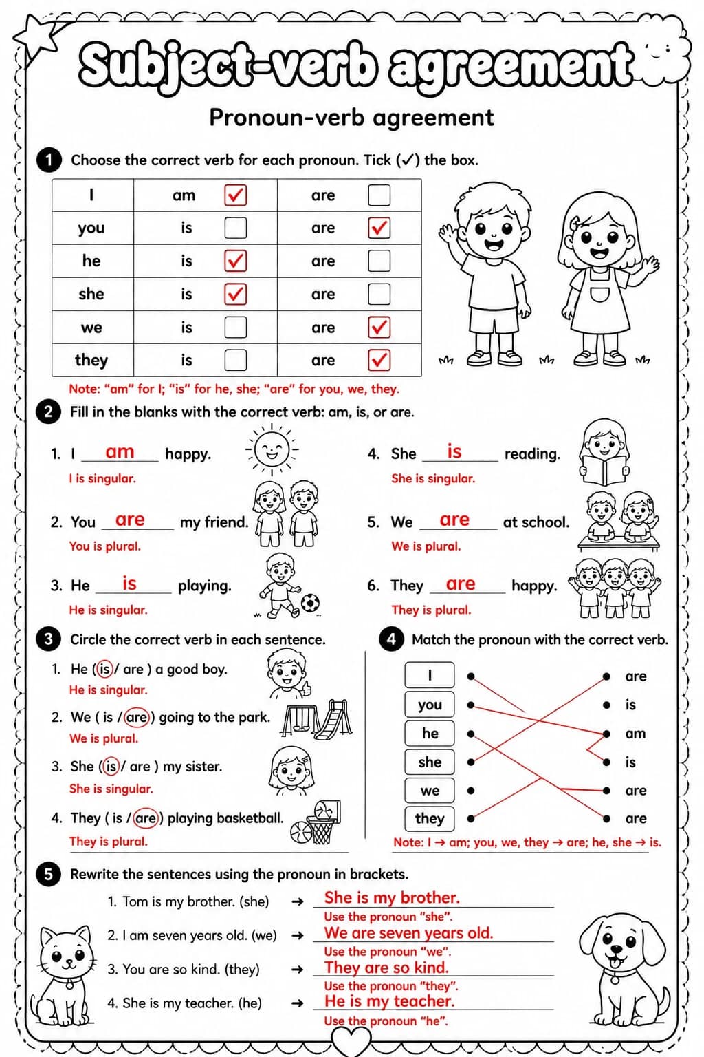 Answer key for Pronoun-verb agreement — free printable English & Reading worksheet