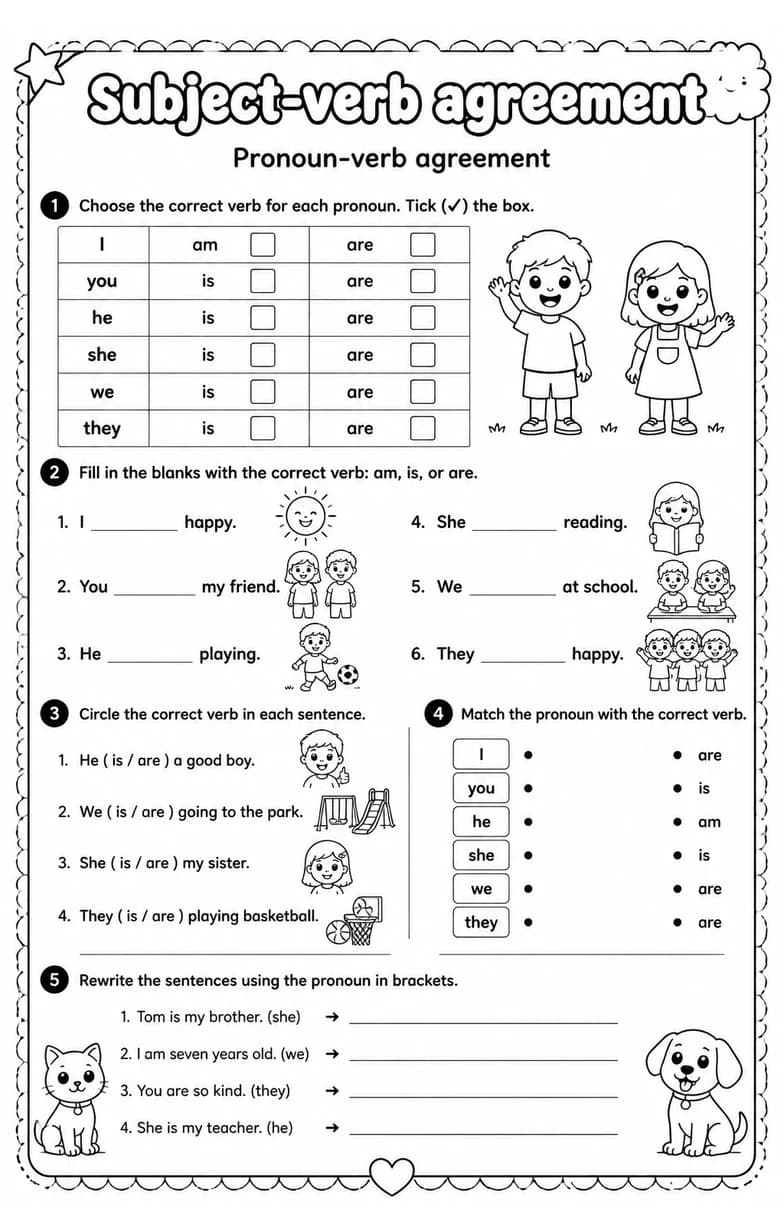 Pronoun-verb agreement — free printable Grade 2 English & Reading worksheet