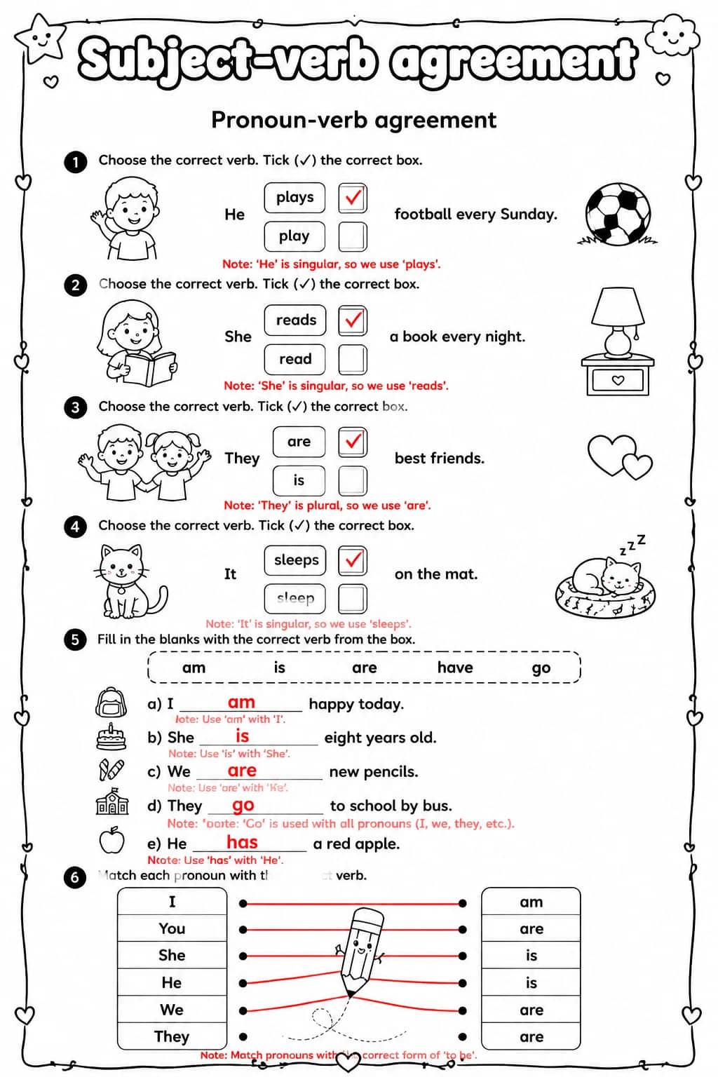 Answer key for Pronoun-verb agreement — free printable English & Reading worksheet