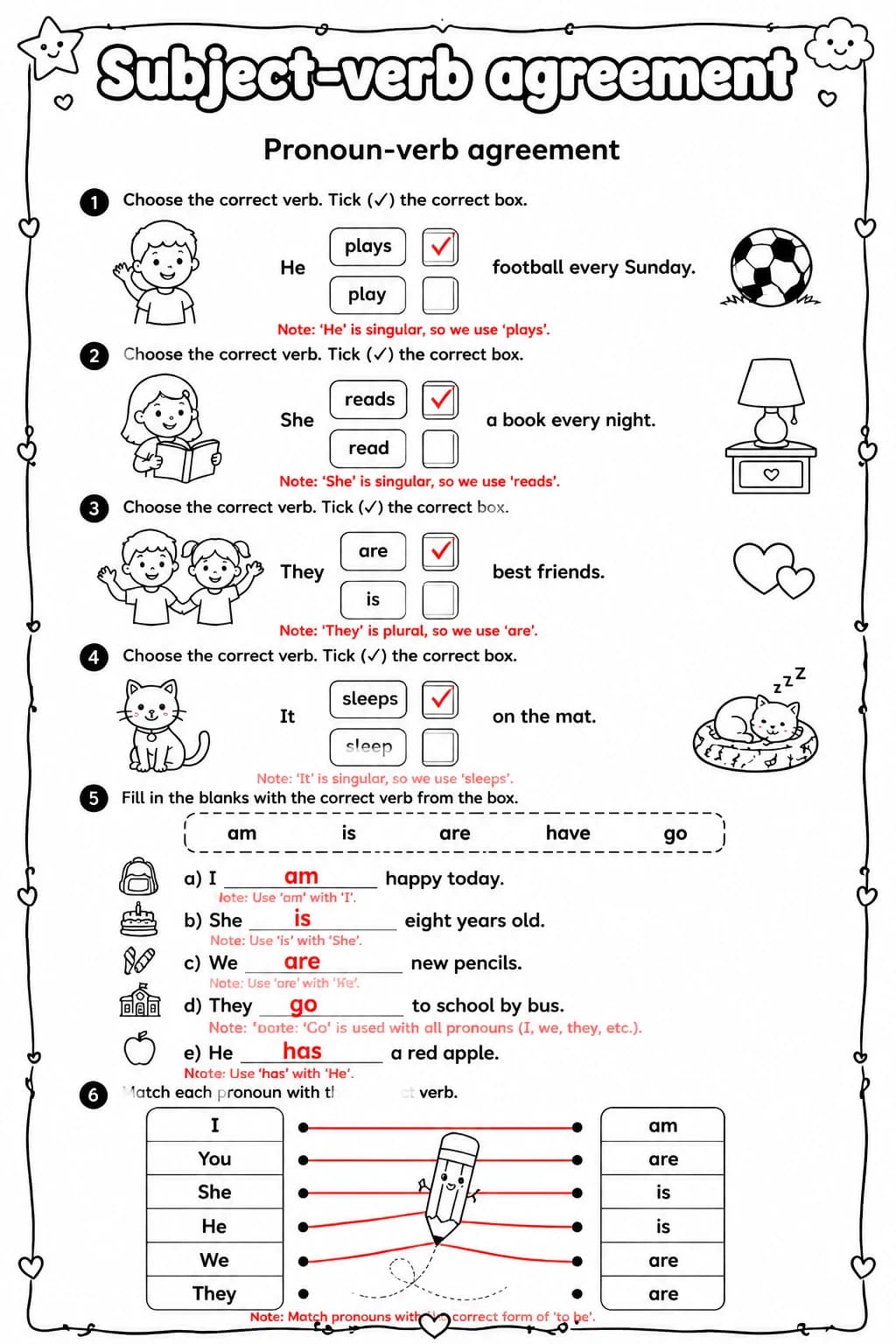 Answer key for Pronoun-verb agreement — free printable English & Reading worksheet