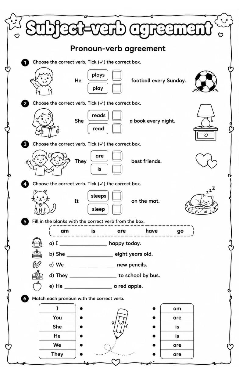 Pronoun-verb agreement — free printable Grammar and mechanics English worksheet