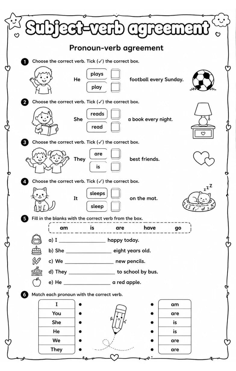 Pronoun-verb agreement — free printable Grade 3 English & Reading worksheet