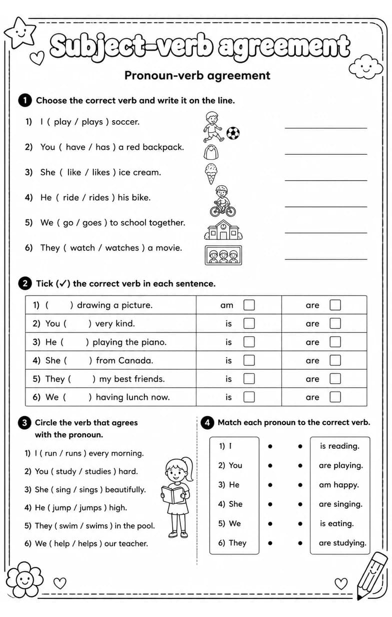 Pronoun-verb agreement — free printable Grammar and mechanics English worksheet