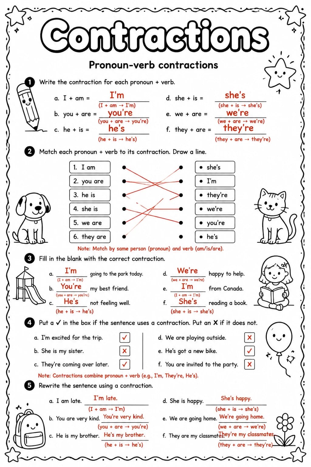 Answer key for Pronoun-verb contractions — free printable English & Reading worksheet