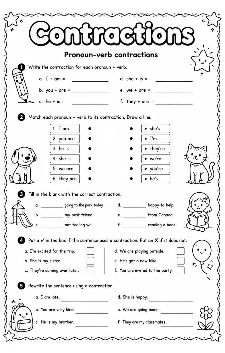 Pronoun-verb contractions — free printable Grade 3 English & Reading worksheet
