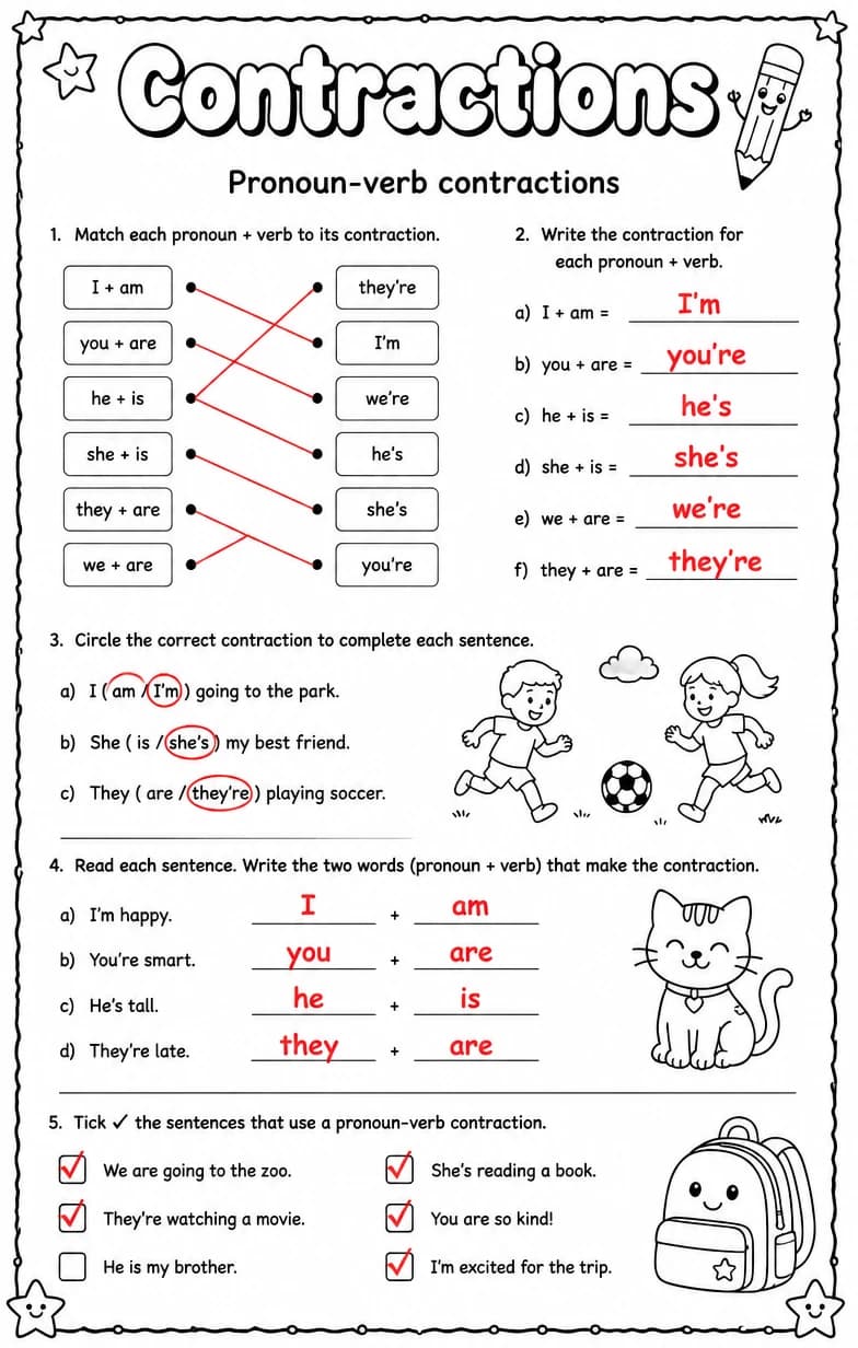 Answer key for Pronoun-verb contractions — free printable English & Reading worksheet