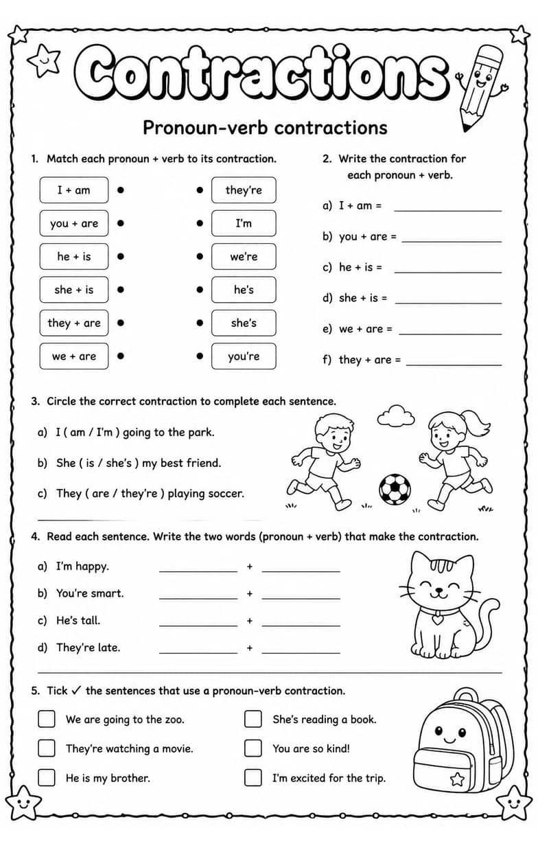 Pronoun-verb contractions — free printable Grammar and mechanics English worksheet