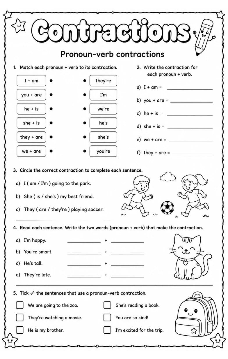 Pronoun-verb contractions — free printable Grade 4 English & Reading worksheet