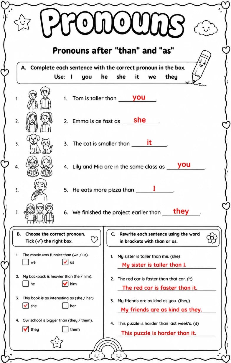 Answer key for Pronouns after "than" and "as" — free printable English & Reading worksheet