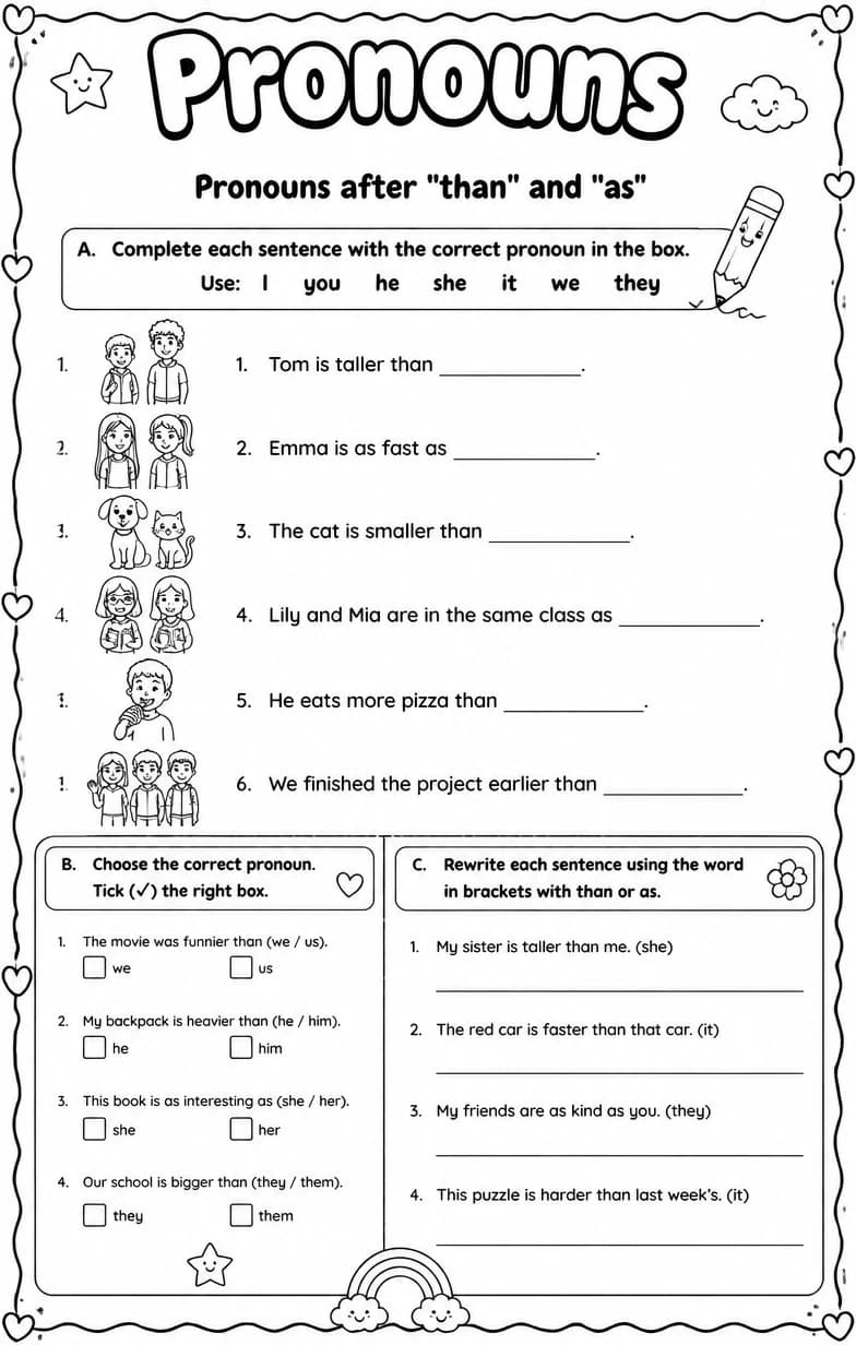 Pronouns after "than" and "as" — free printable Grammar and mechanics English worksheet
