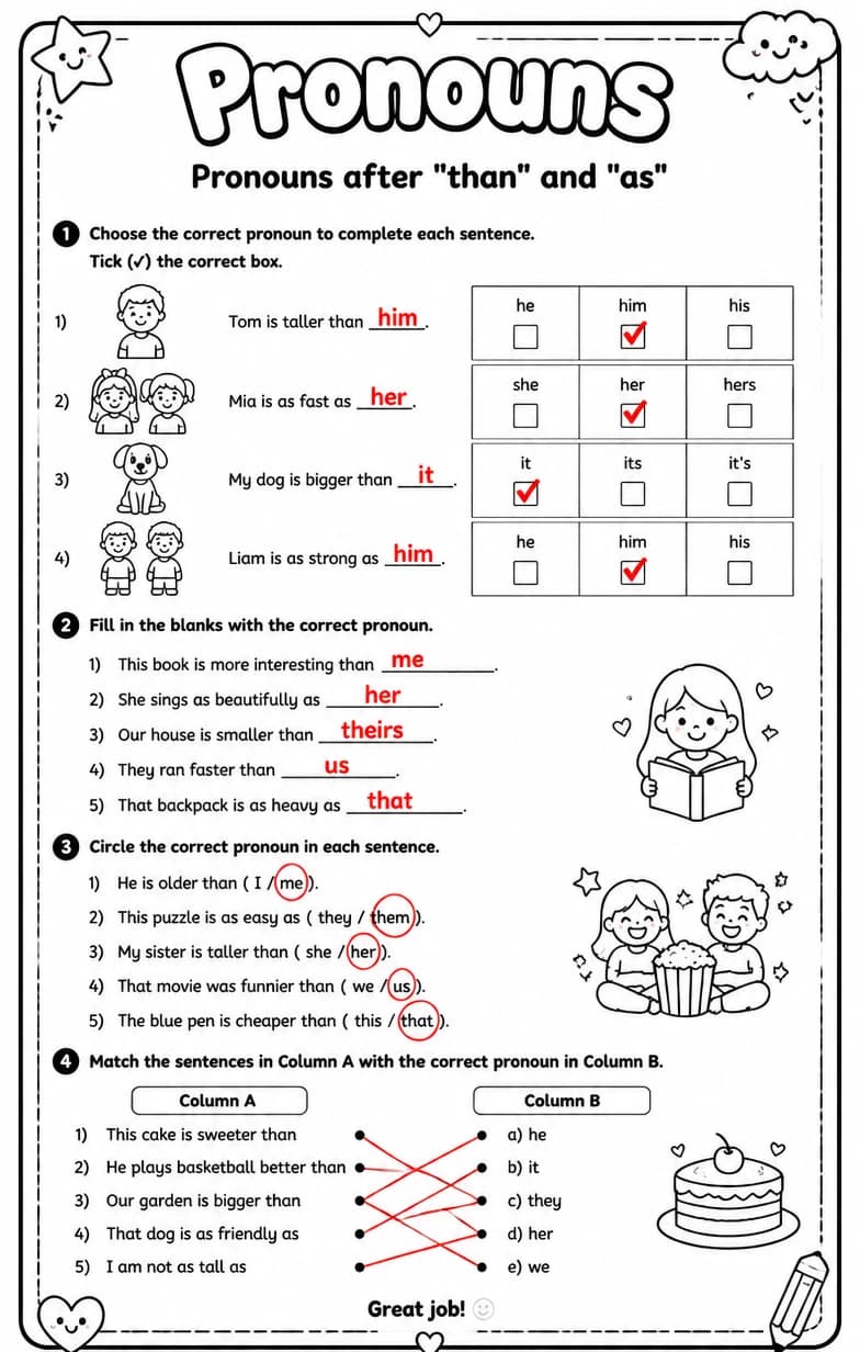Answer key for Pronouns after "than" and "as" — free printable English & Reading worksheet