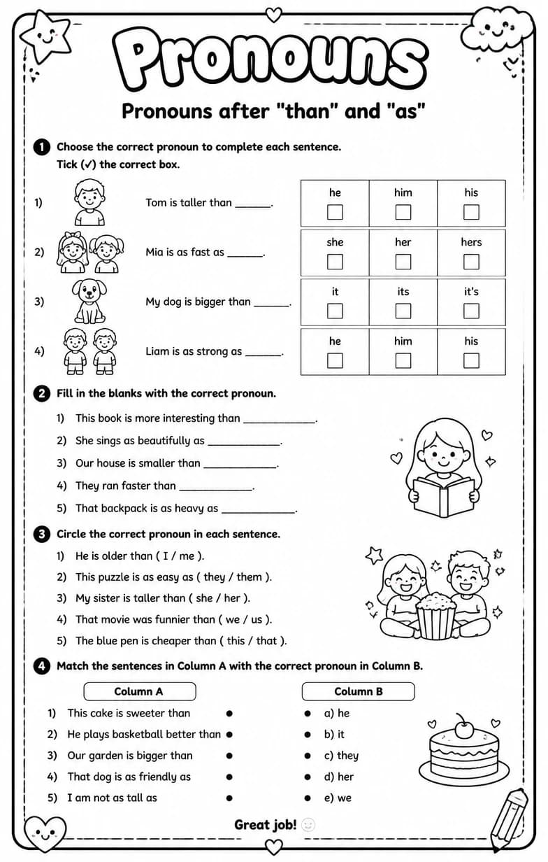 Pronouns after "than" and "as" — free printable Grammar and mechanics English worksheet