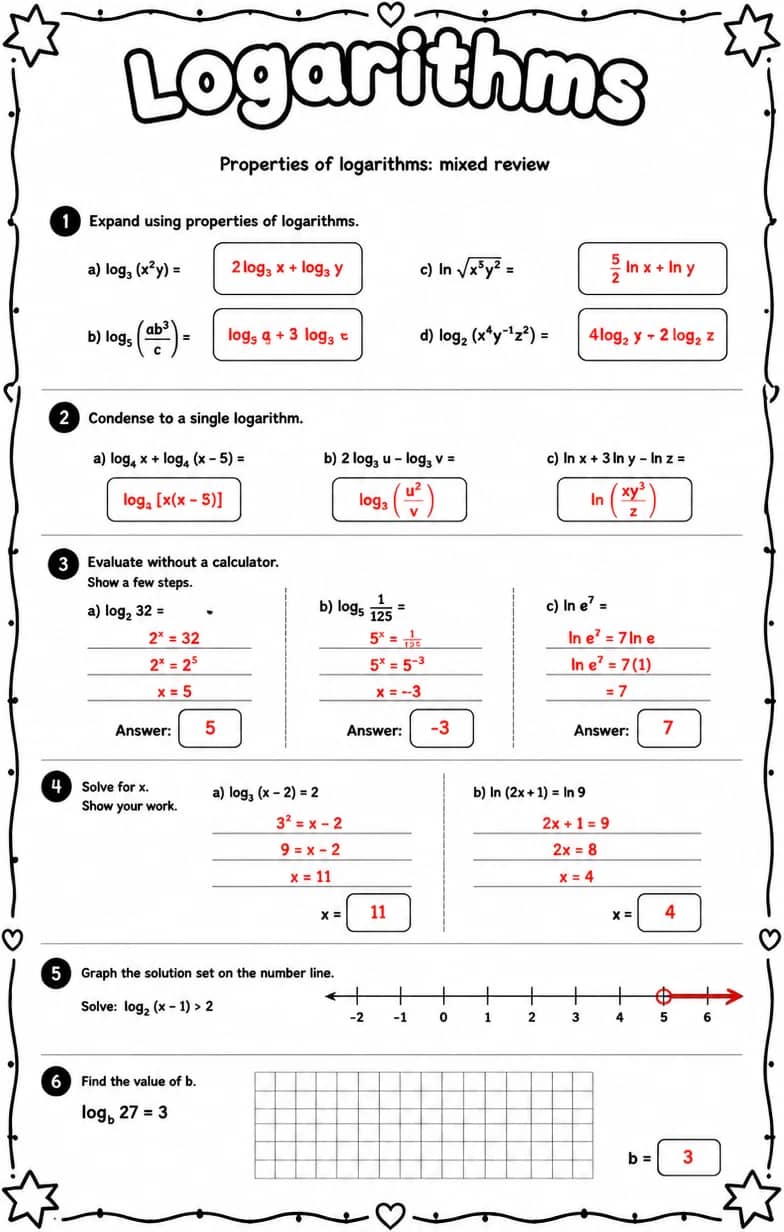 Answer key for Properties of logarithms: mixed review — free printable Math worksheet