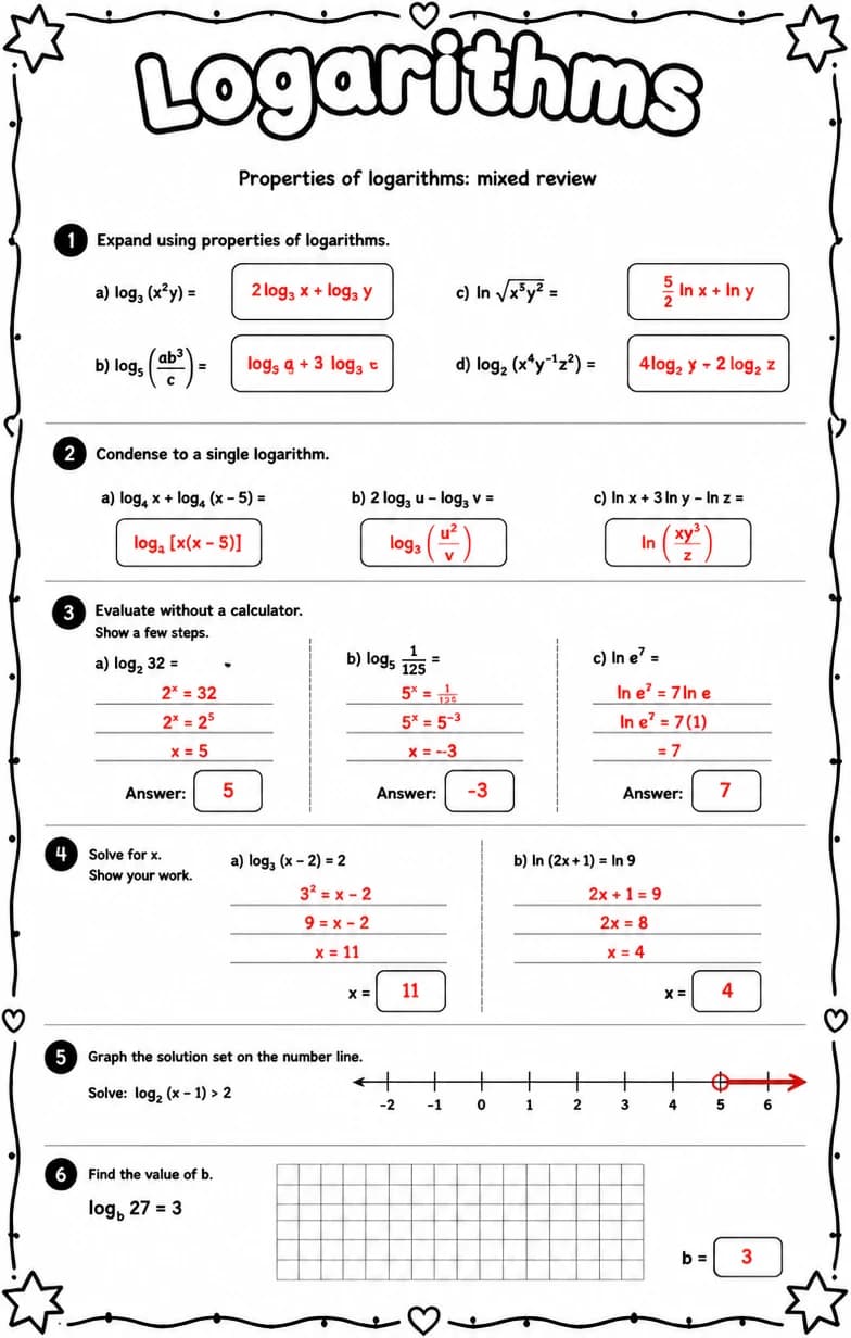 Answer key for Properties of logarithms: mixed review — free printable Math worksheet