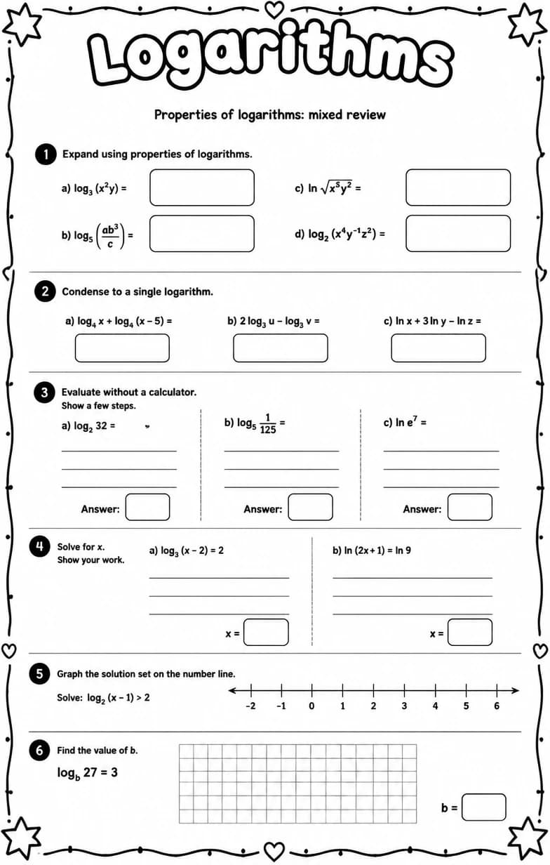 Properties of logarithms: mixed review — free printable Algebra 2 math worksheet