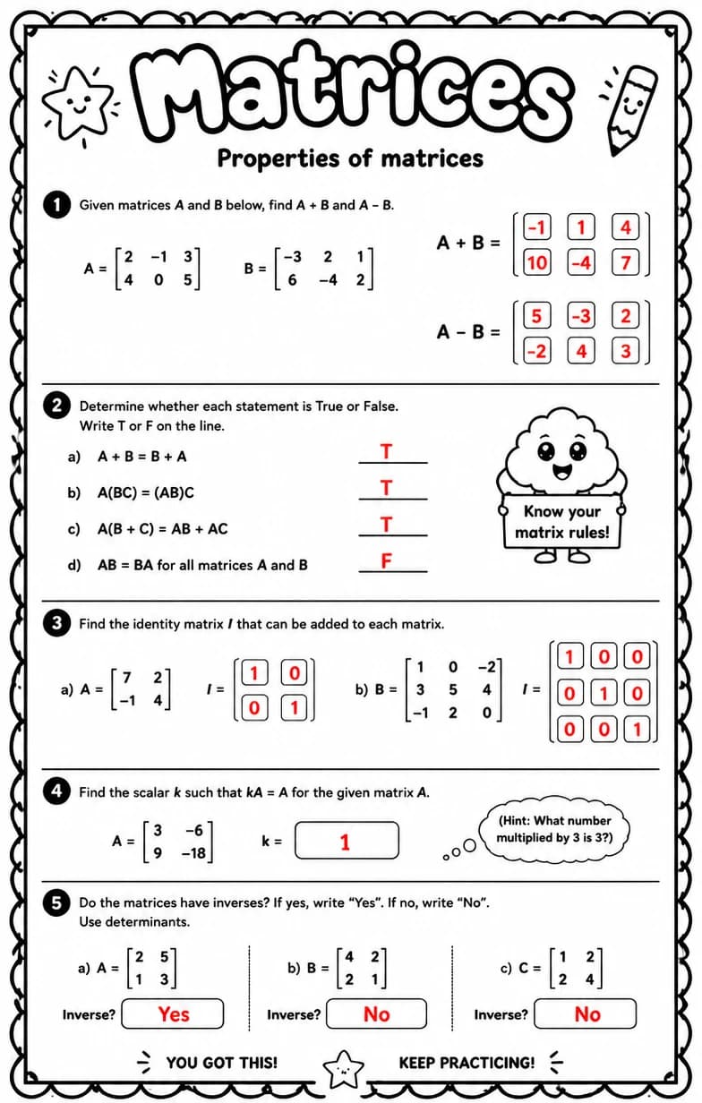 Answer key for Properties of matrices — free printable Math worksheet