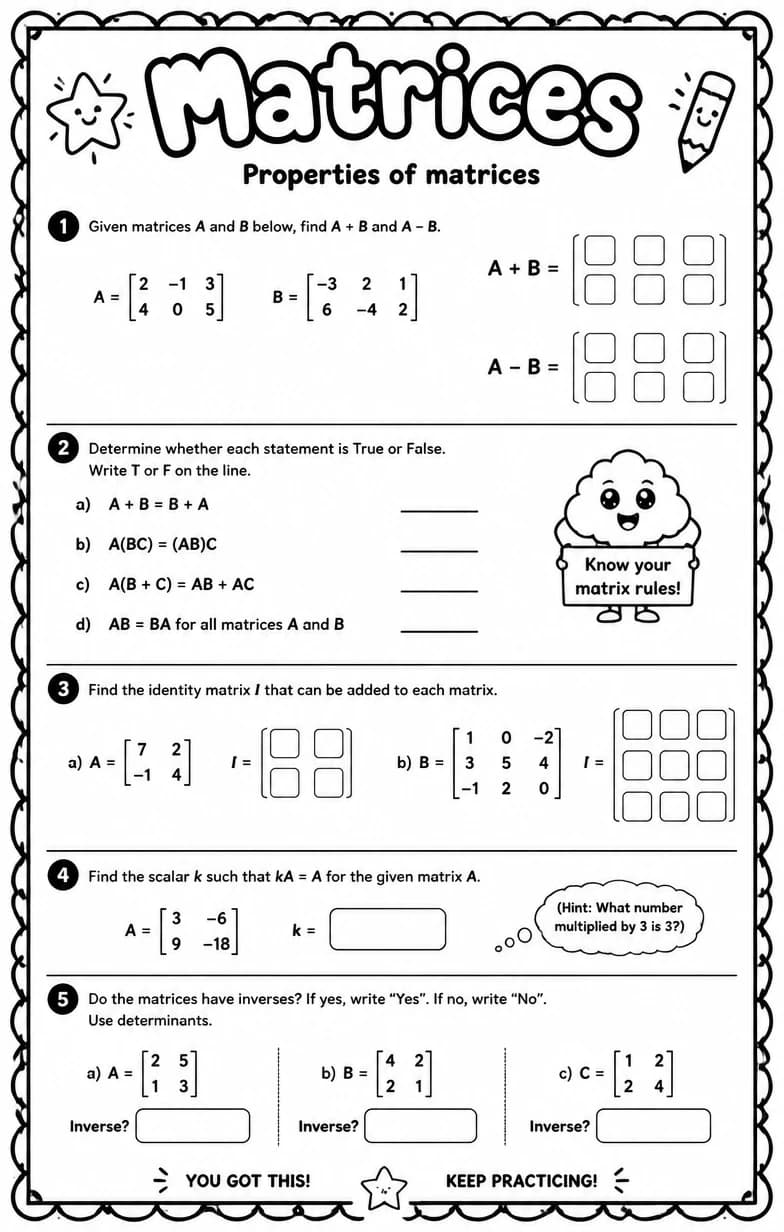 Properties of matrices — free printable High School Math worksheet